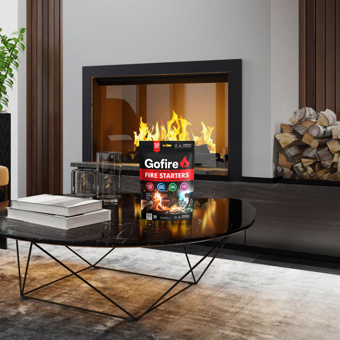Gofire Ultimate All Purpose Fire Starters package in use in a fireplace