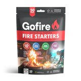 A package of Gofire Ultimate All Purpose Fire Starters. The package is black and red with an image of a fire and text detailing product features.