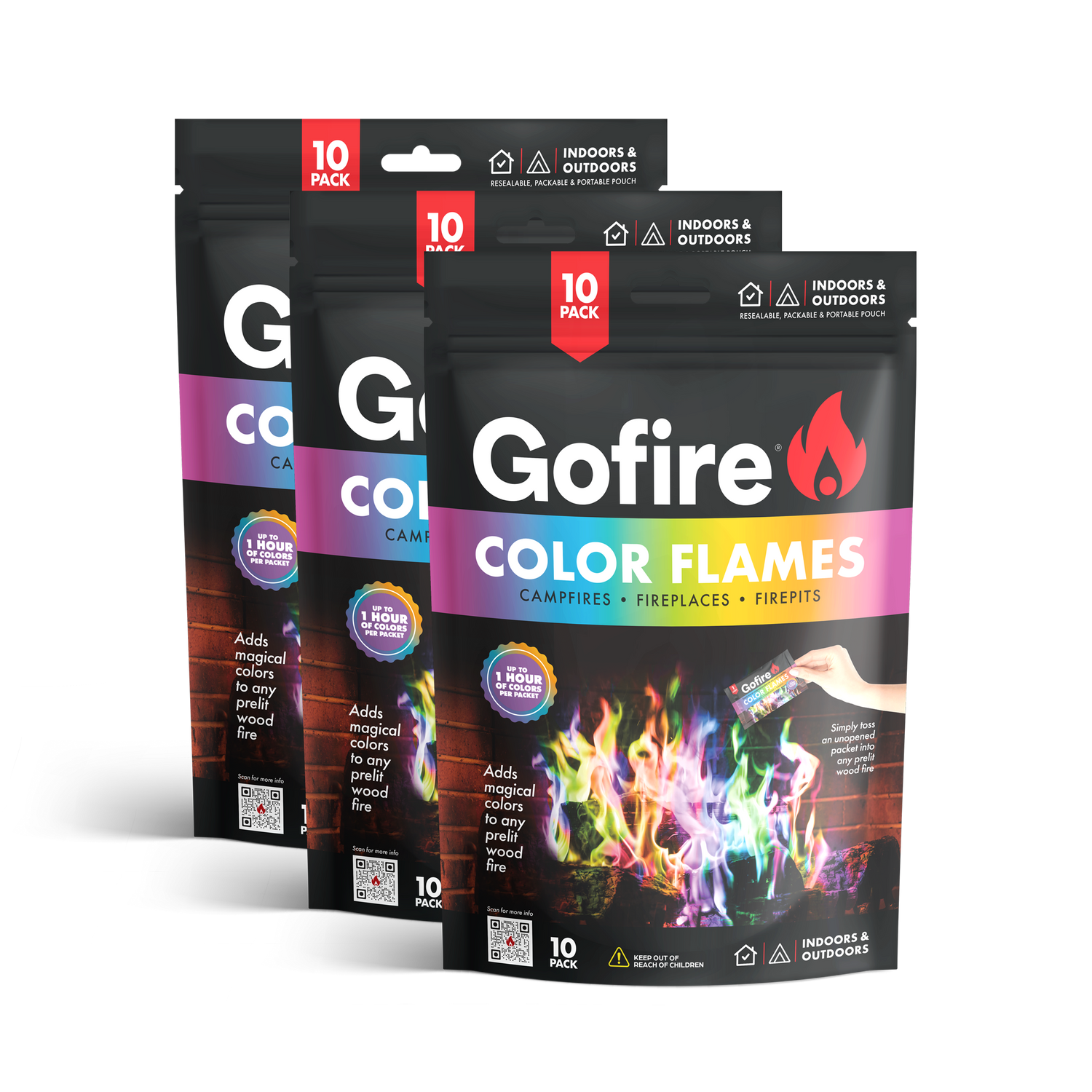 Three packets of Gofire Color Flames fire starters, with vibrant flames depicted on the packaging, indicating the product is designed to add color to fires.